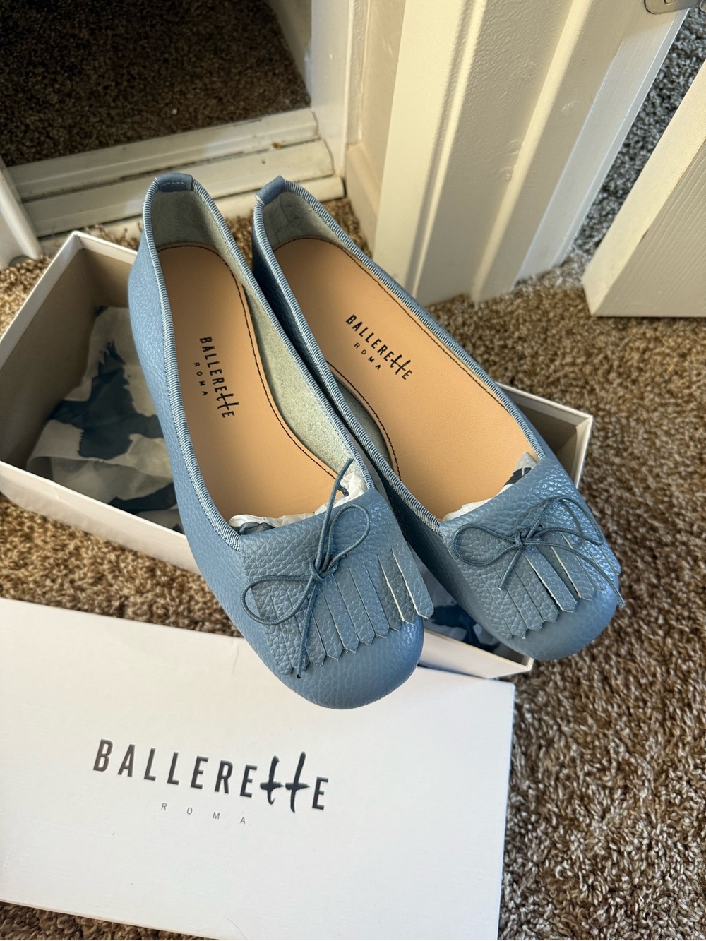 Women’s Powder Blue Leather Ballet Flats with Fringe Bow